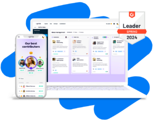 idea management software - a smartphone a laptop 2024 purple leader badge