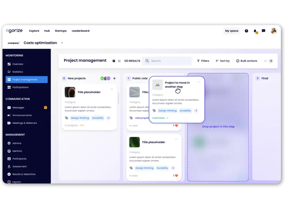 idea management software interface - kanban view - drag and drop - idea management software